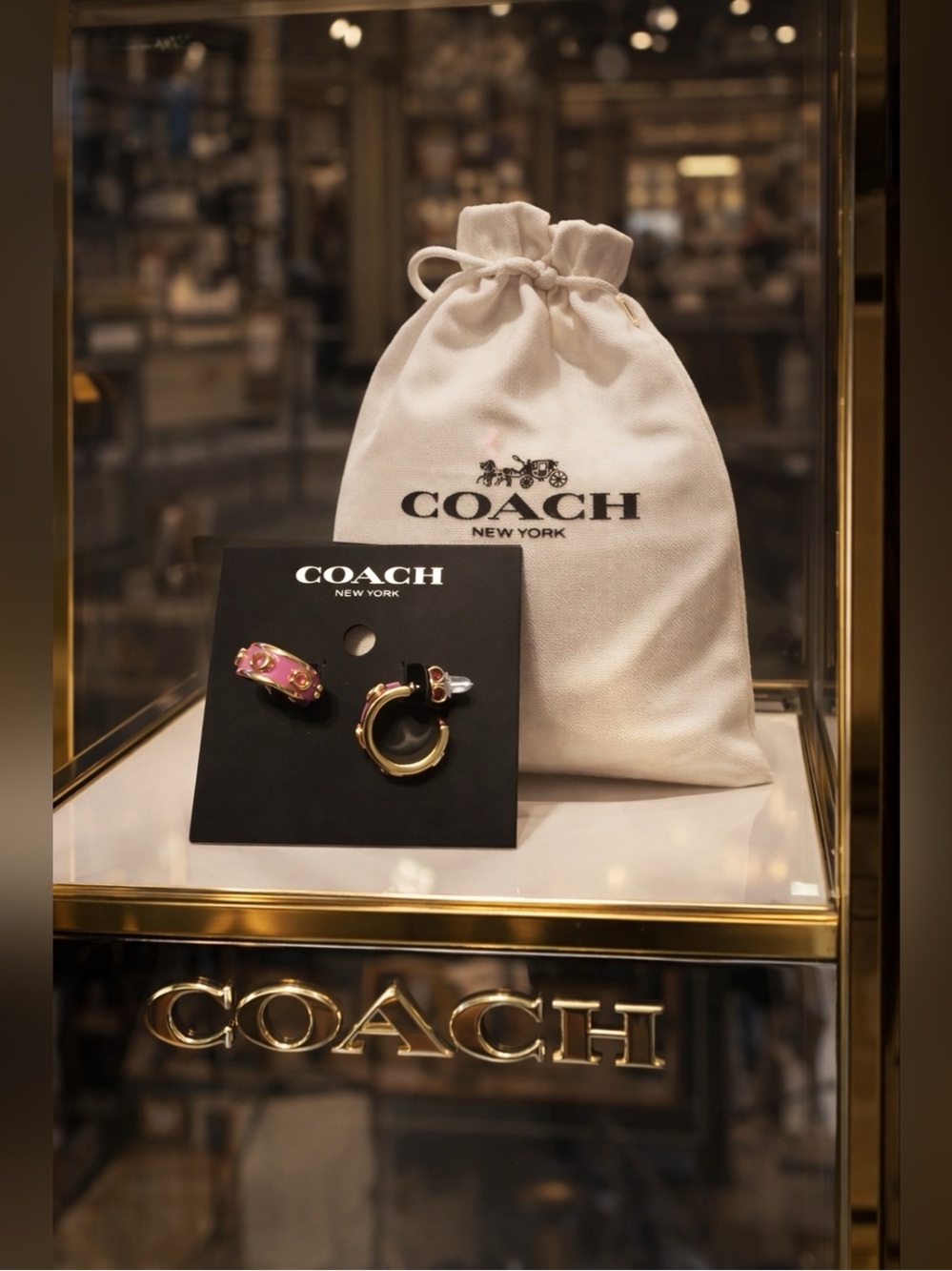 Coach Gold-Tone Hoop Earrings with Pink Enamel Accent